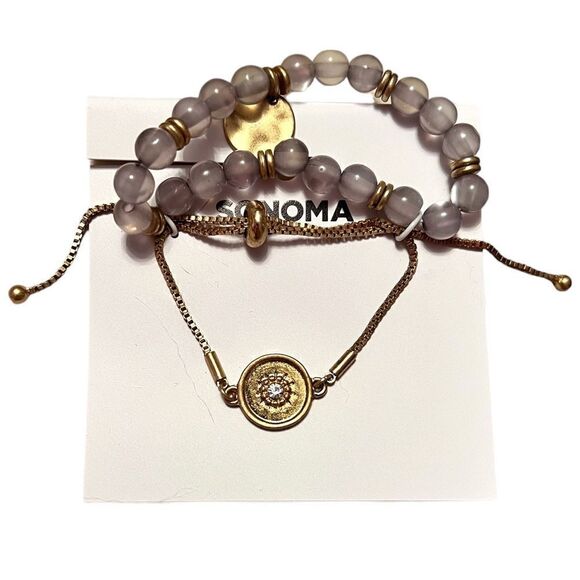 NWT Sonoma Gold Tone Moonstone Color Bead And Rhinestone Set Of 2 Bracelets - Picture 2 of 3